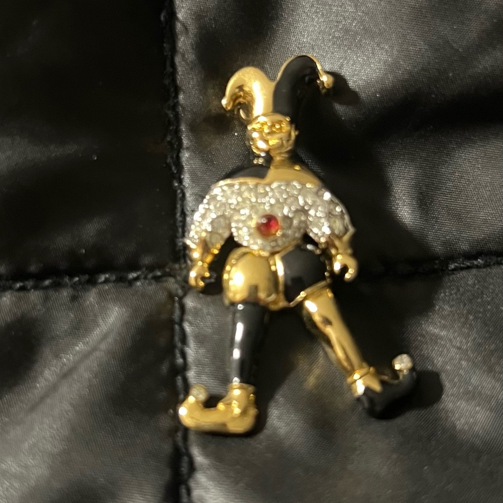 Gold enameled Jester articulated Pin with Rhinestones brooch